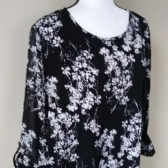 Roz & Ali Floral High Low Tunic Top L Black White - Picture 4 of 16